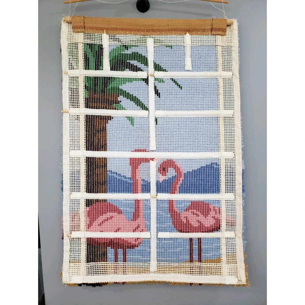 LARGE Vintage‎ Latch Hook Rug Completed Beach Sea Wall Hanging Tropical Decor